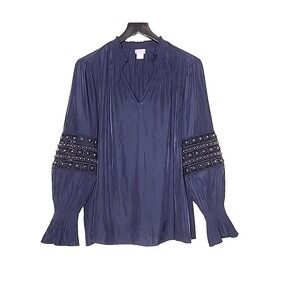 Chicos Beaded Blouse Navy Blue Split Neck Ruffle Sleeve Pullover Boho 8/10